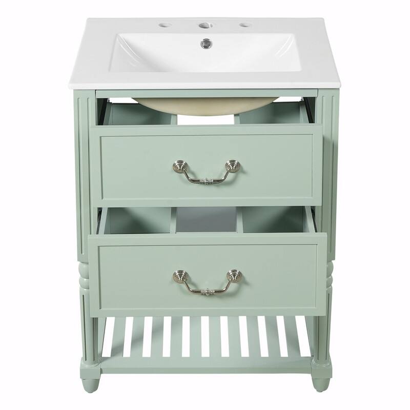 24'' Vintage Bathroom Vanity with Ceramic Sink, Freestanding Cabinet with 2 Drawers, Open Shelf
