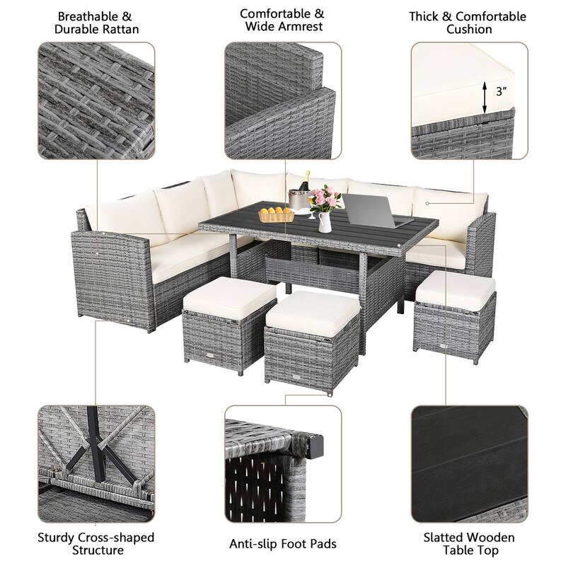 Gymax 7PCS Rattan Patio Sectional Sofa Set Conversation Set w/ White - See Details