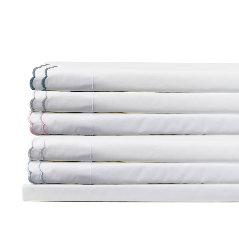 Percale Double Scalloped Embroidered Pillowcase and Sham Cover Set