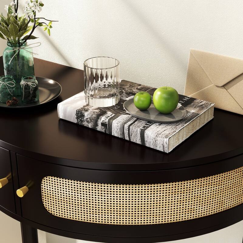 Half Moon Rattan Console Table - Curved Entryway Table with 2 Drawers and Shelf