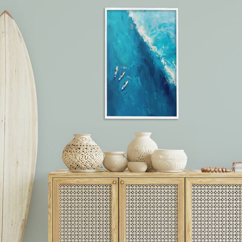 Stupell Surfers & Wave Aerial View Framed Giclee Art Design By LSR Design Studio