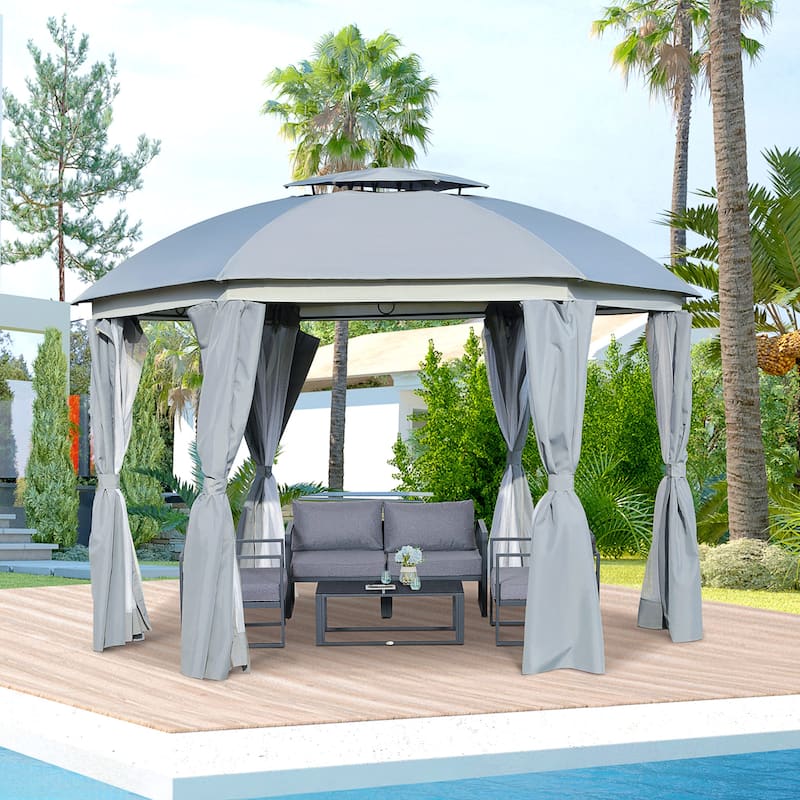 12x12 Round Outdoor Gazebo with Double Roof, Netting Sidewalls, and Privacy Curtains