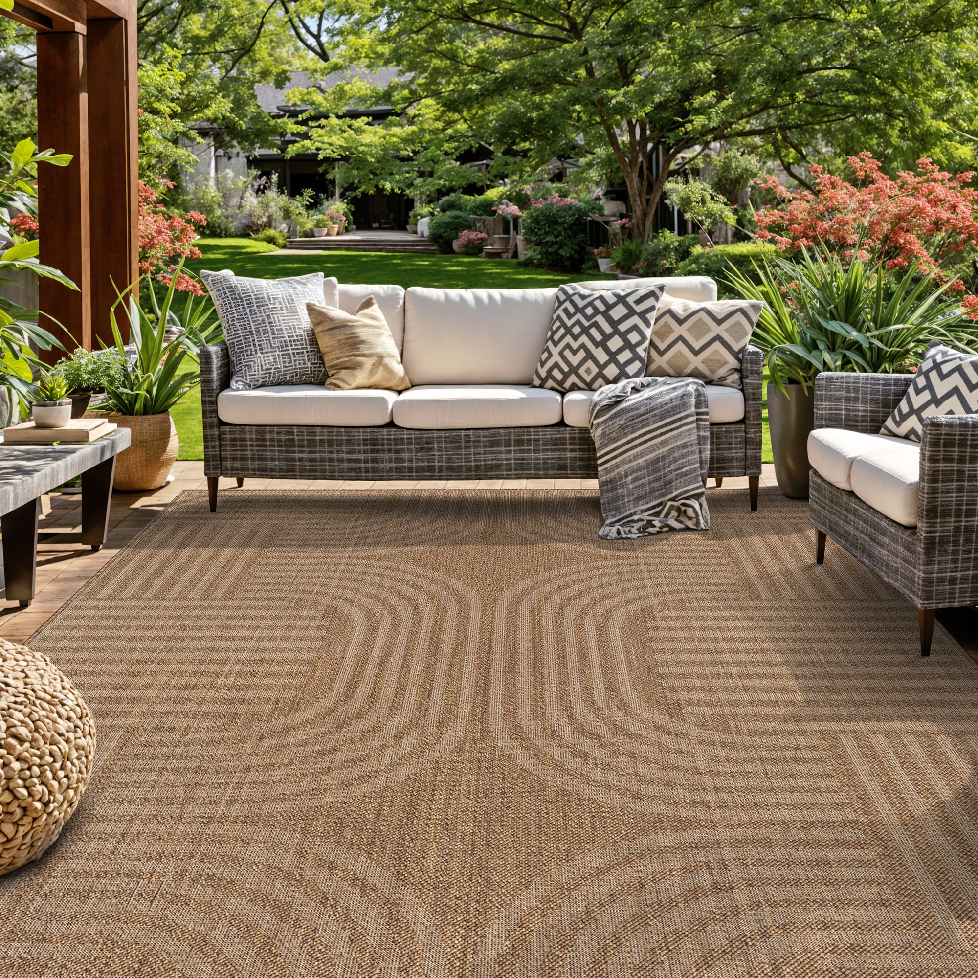 World Rug Gallery Geometric Indoor/Outdoor Flat Woven Area Rug - Natural Jute-Style, Easy-Care Patio Rug for Balcony Patio Deck - Sand - 6' 6" x 9'