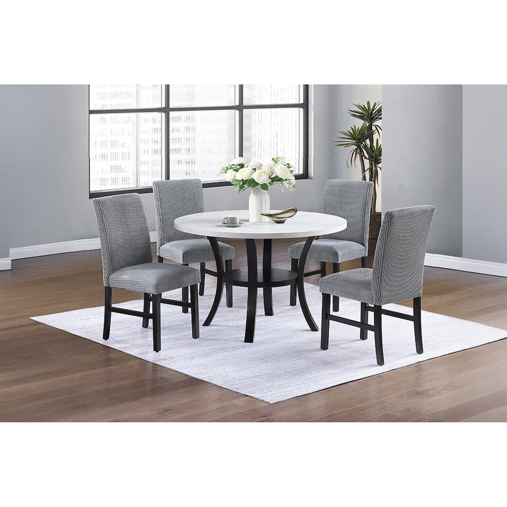 Modern Elegant 5pc Dining Set Fog Corduroy Chairs White Top Table w Lower Shelf Kitchen Dining Room