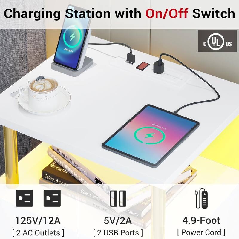 Nightstand with Open Storage 2 USB Ports Outlets 2 Drawers LED Light