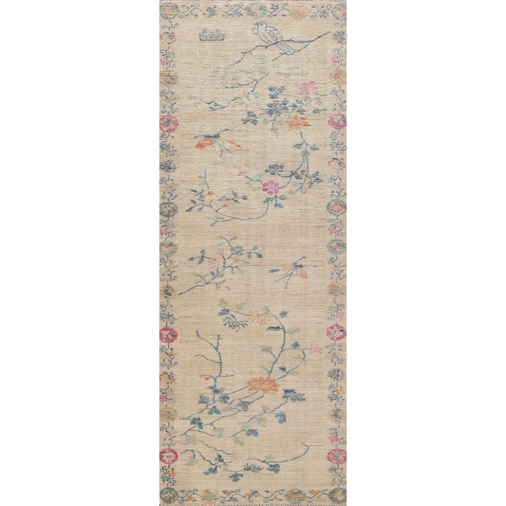 Hand Knotted Oriental 100% Wool Carpet Traditional Floral Beige & Ivories Art Deco Runner Rug - 10' 3'' X 2' 9''