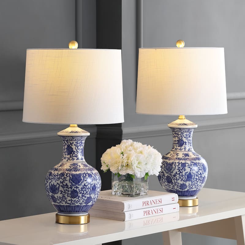 Gemma 25.25" Ceramic/Metal LED Table Lamp, Blue/White (Set of 2) by JONATHAN Y