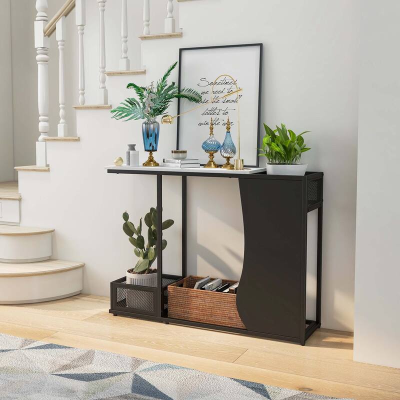 Costway 43.5'' Console Table with Faux Marble Top & 2 Storage - See Details