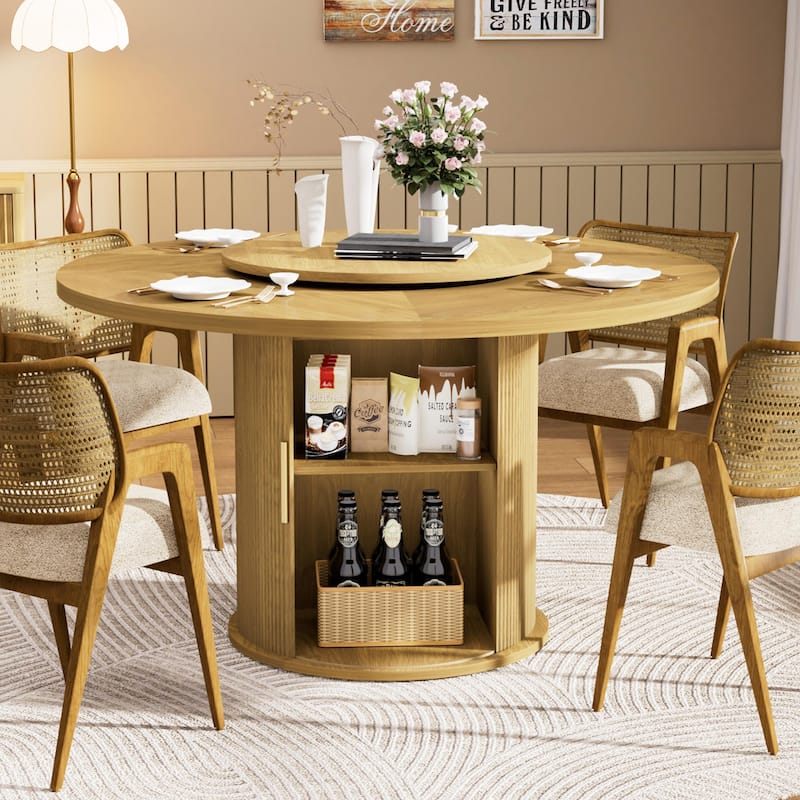 55" Round Dining Table with Rotating Tray and Double-Tiered Storage Rack for Six