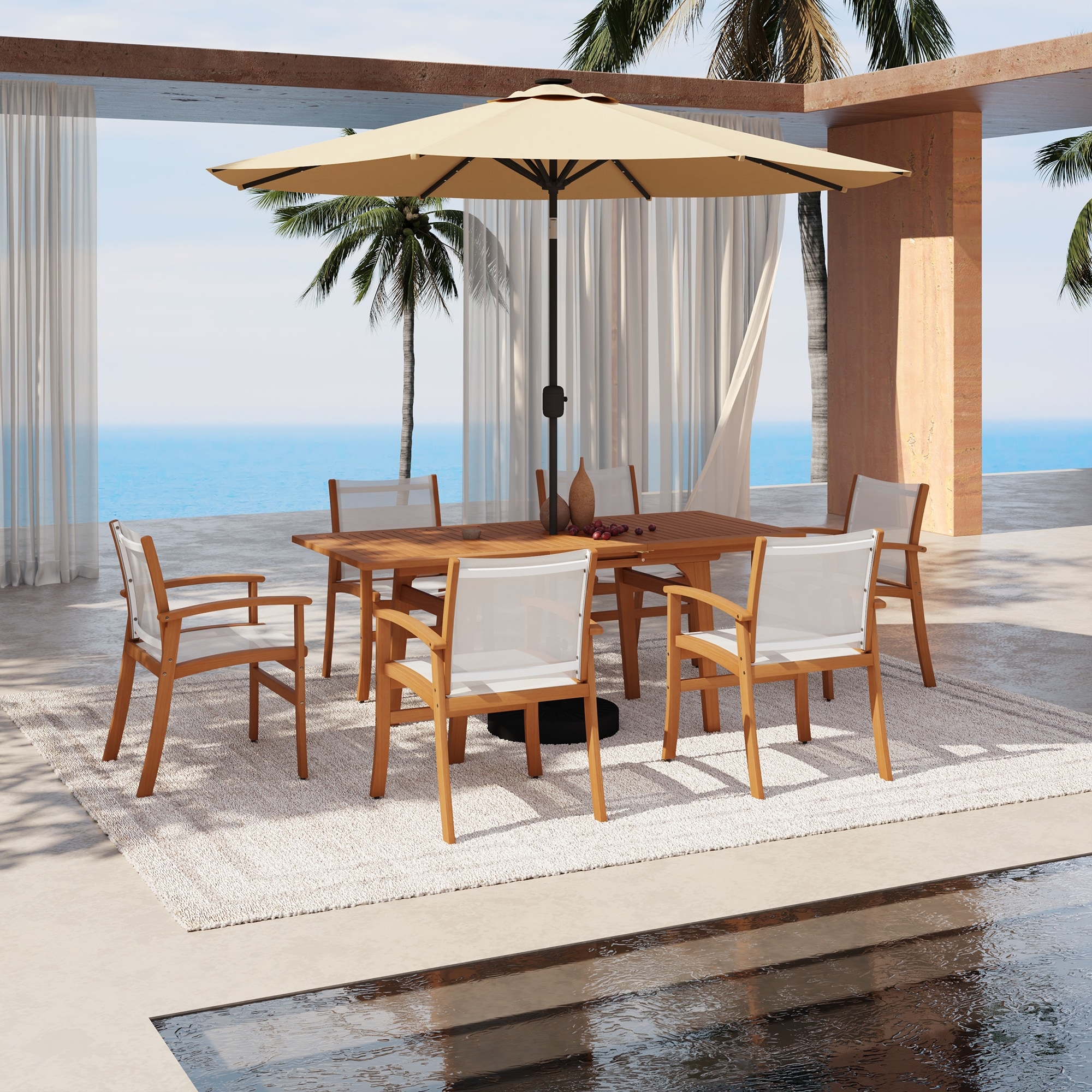 extendable patio table with umbrella hole Aluminum Dining w/ Acacia Wood Color Royal Teak Family 39" x