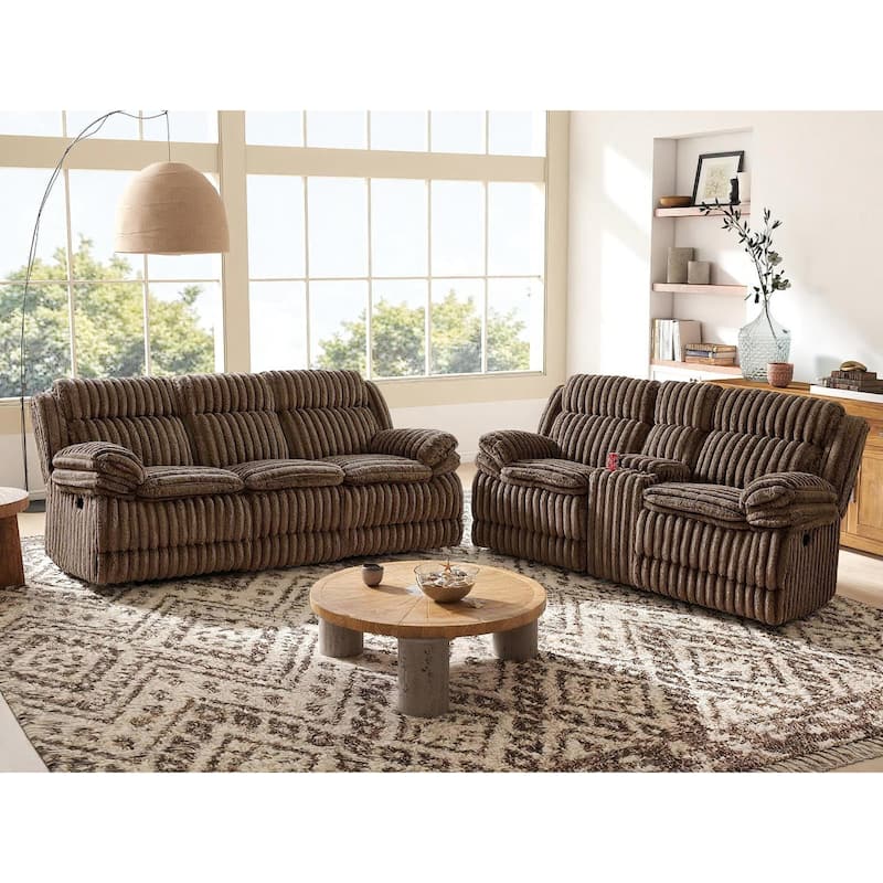 Roundhill Furniture Ardello 2-Piece Reclining Sofa Set, Corduroy Upholstery with Built-In Power Center, Chocolate