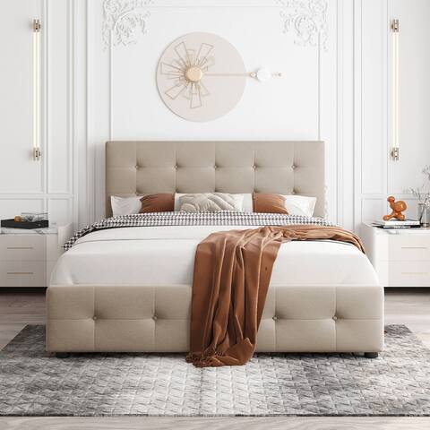 Upholstered Queen Platform Bed with Classic Headboard and 4 Drawers, Beige