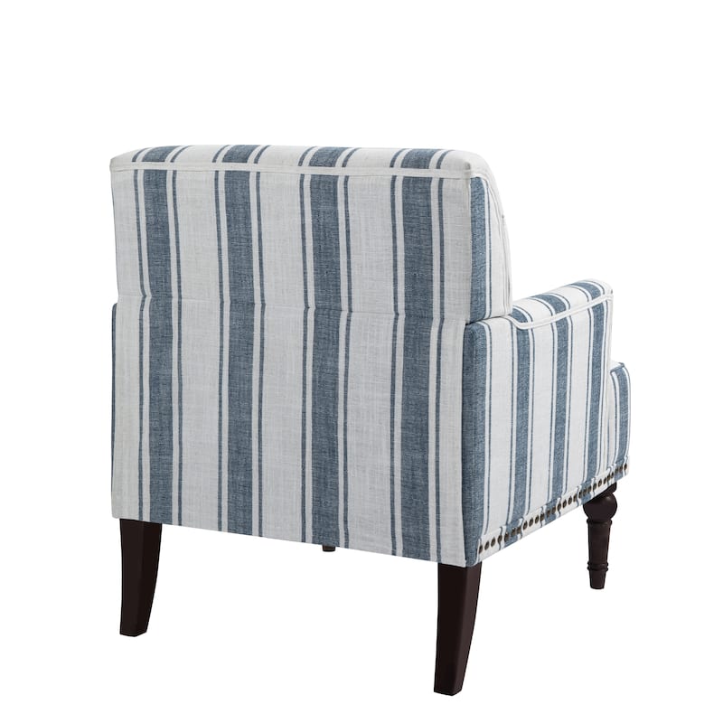 Set of 2 Stripe Linen Accent Arm Chairs with Nailhead Trim and Wood Legs