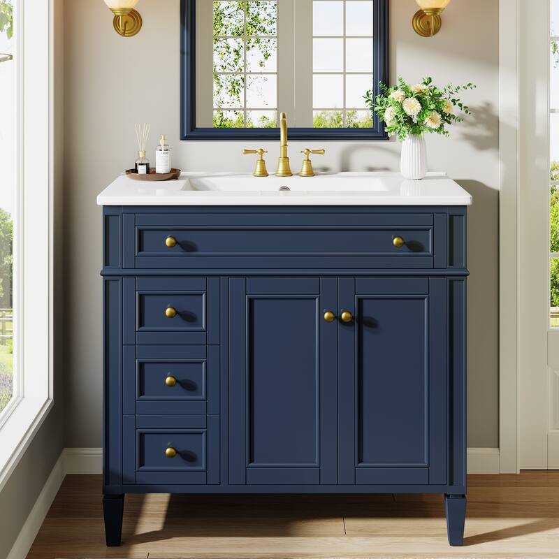 36" Bathroom Vanity with Sink, Modern Bathroom Sink Cabinet with 4 Drawers & 2 Doors, Solid Wood Frame - Blue - 36"