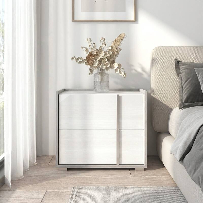 Meble Furniture Sky 25" Modern Nightstand 25.2"W x 15.7"D x 22.4"H High Gloss Fronts Matte Body European Design