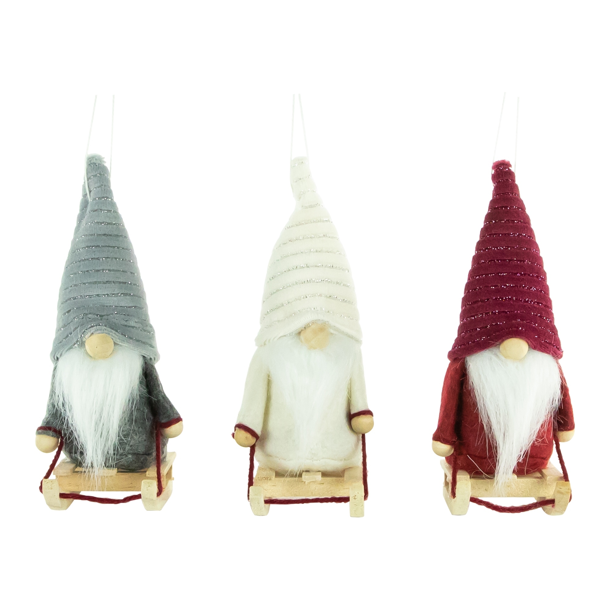 Set of 3 Plush Sledding Gnomes Christmas Ornaments 5.25"