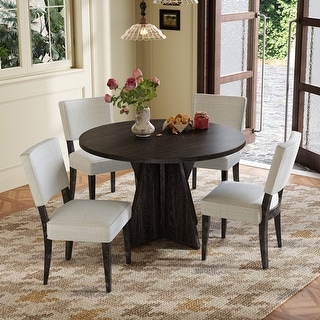 Solid Wood 5-Piece Round Dining Table Set with 4 Upholstered Chairs ...