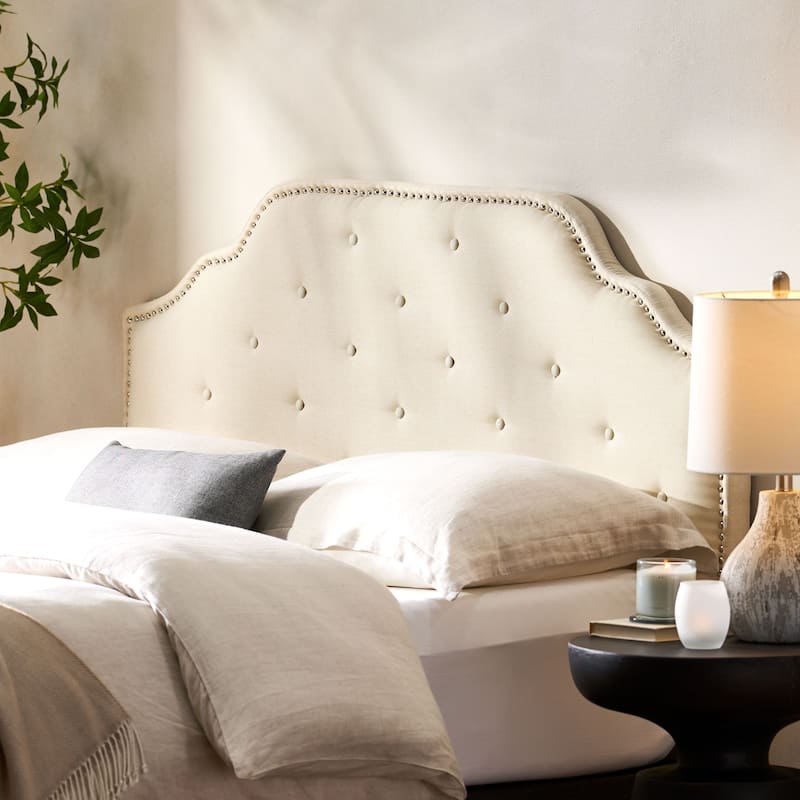 Roomfitters Adjustable Fabric Headboard for Queen and Full Size Bed with Nailhead Trim - Beige