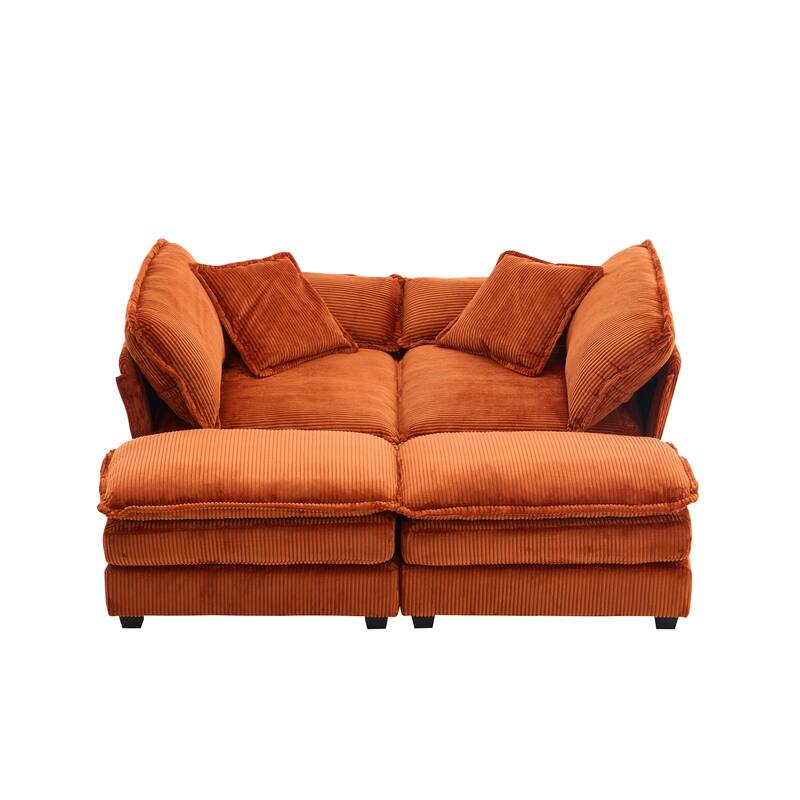 84.6" Corduroy 2-seats sofa With 2 back pillows,2 toss pillows and two ottoman