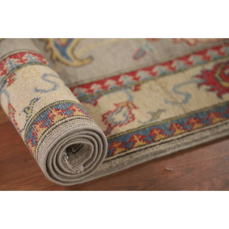 Kazak Runner Rug Hand-Knotted Floral Wool Carpet - 3'3" x 9'8"