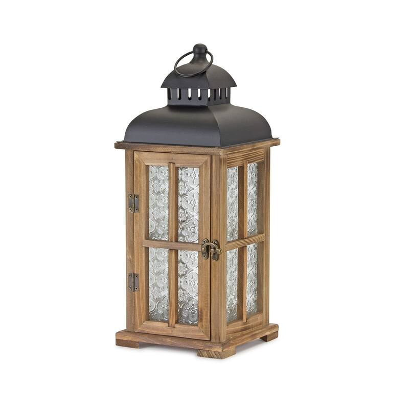 Set of Two Brown and Black Frosted Glass Wood and Metal Floor Lantern Candle Holders