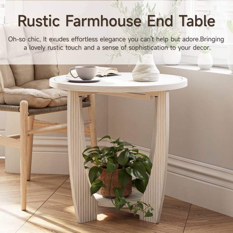 COZAYH Rustic Farmhouse End Table with Storage Shelf, French Country Accent Side Table, Round