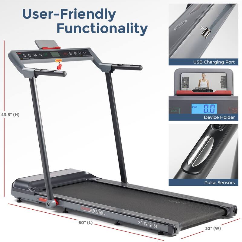 Sunny Health & Fitness Pegasus Smart Treadmill Wide Deck and Customizable Workouts SF-T722054 - ‎60"D x 32"W x 43.5"H