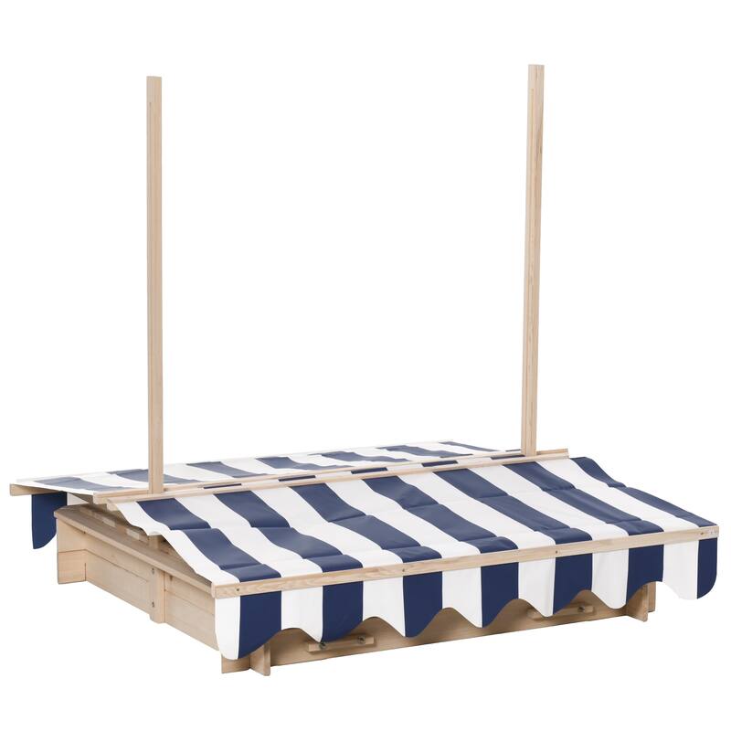 Wooden Kids Sandbox with Cover, Children Outdoor Sand Box with Foldable Bench Seats, Adjustable Canopy, Bottom Liner