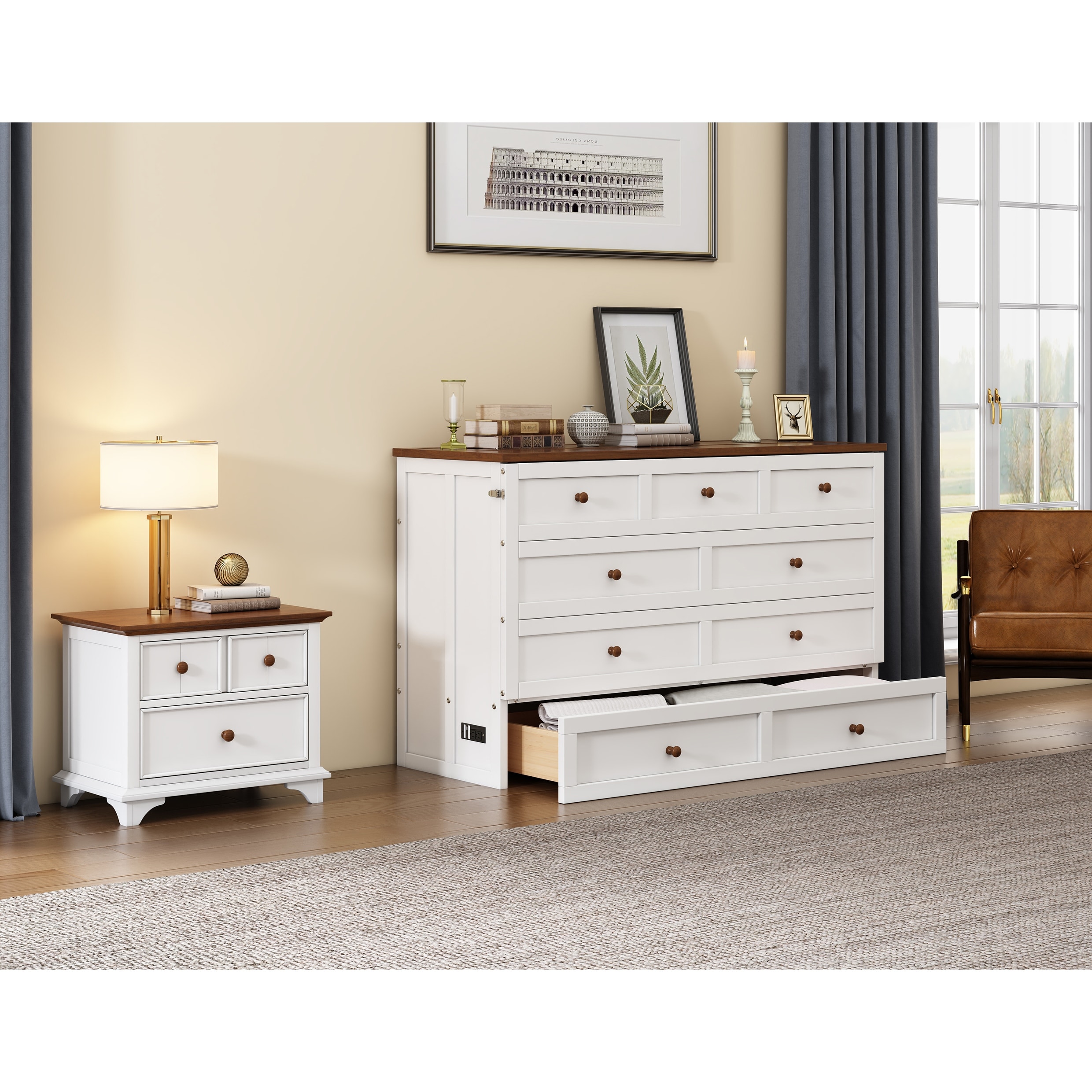 2 Pieces Wooden Captain Bedroom Set /Full Murphy Bed and Nightstand ...