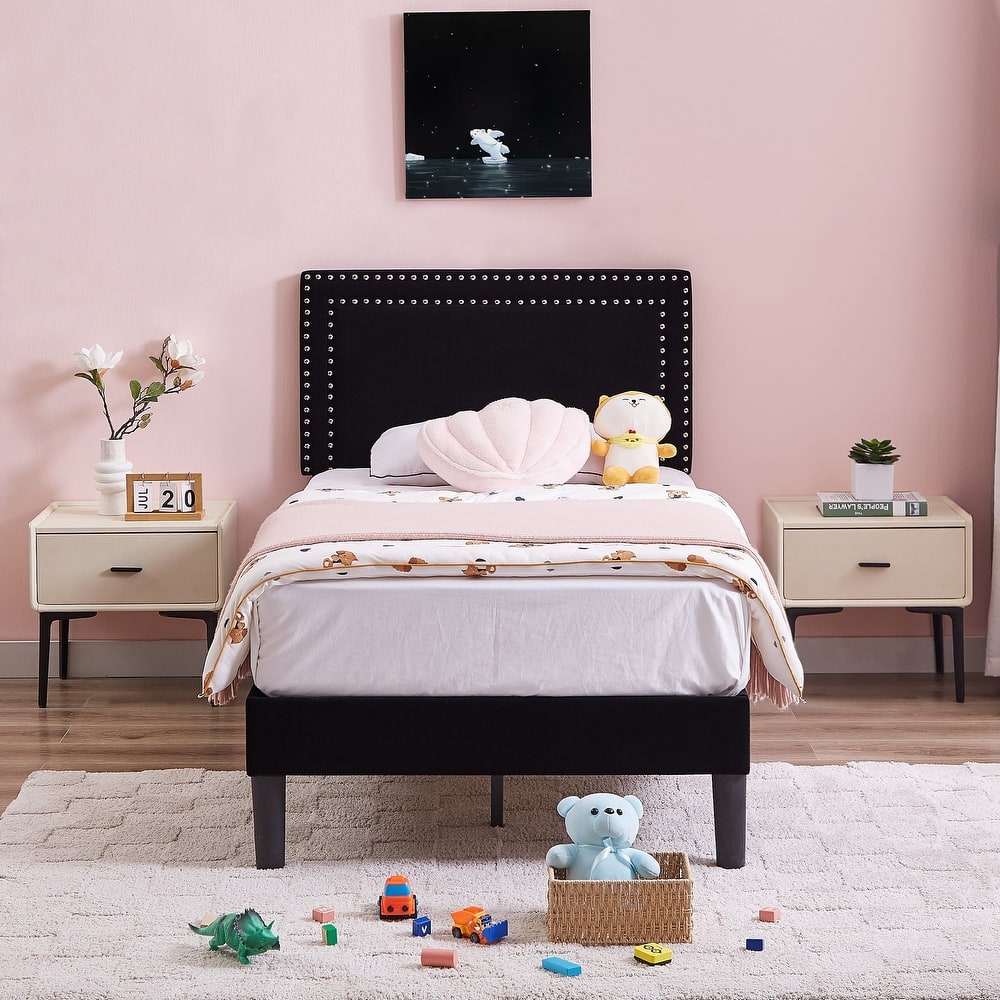 VECELO Upholstered Bed Frames with Height Adjustable Headboard