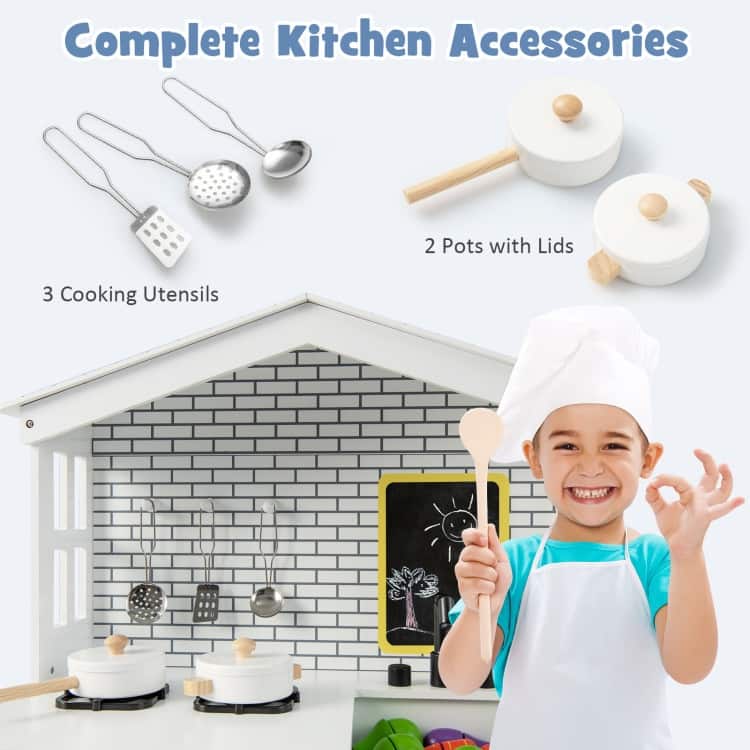 Kids Wooden Kitchen Play Set with Storage Shelves and Accessories-White - 24.5" x 13" x 35.5"