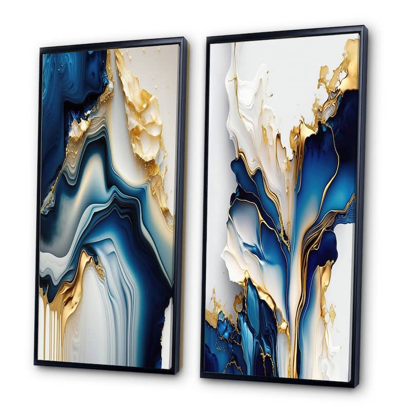 Designart "Abstract Geode Gold And Blue Marble" Abstract Marble Framed Wall Art Set Of 2 - Blue Wall Art Set Of 2