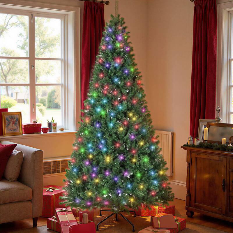 HOMCOM 7.5ft Prelit Xmas Tree: Dimmable RGB, 6 Modes, Remote, Timer, Metal Stand, Green