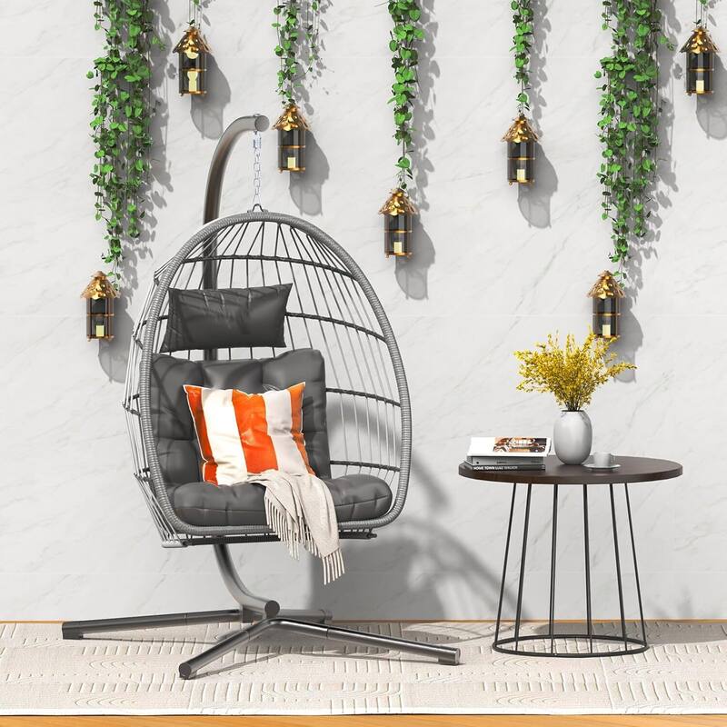 Egg Chair with Stand, Patio Swing Chair with Rattan, 350-lb Capacity, Waterproof Pad - Grey