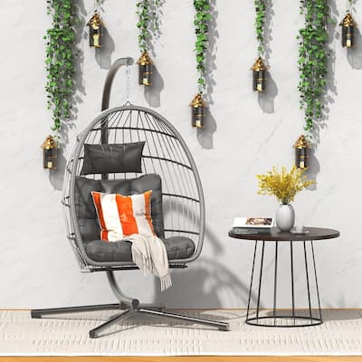 Egg Chair with Stand, Patio Swing Chair with Rattan, 350-lb Capacity, Waterproof Pad