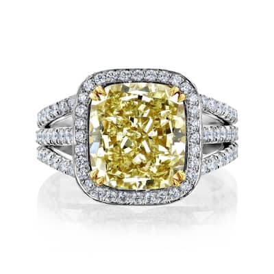 Kobelli 5.94 Carat Fancy Yellow & White Diamond GIA Certified Platinum Cushion Halo Double Split Band Callisto Ring