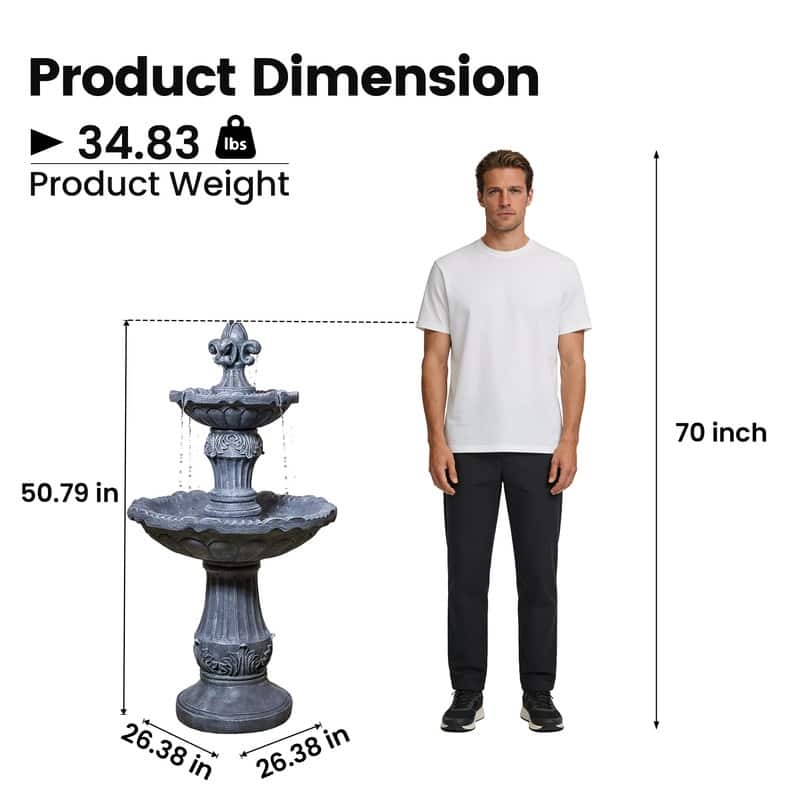Vbal 2 Tier European Style Carved Outdoor Water Fountain with ETL Certified Auto Shutoff