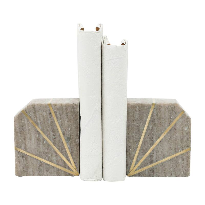 Set of 2 Marble Bookends - Contemporary White and Gold Polished Decorative Bookends - Book Display for Home or Office