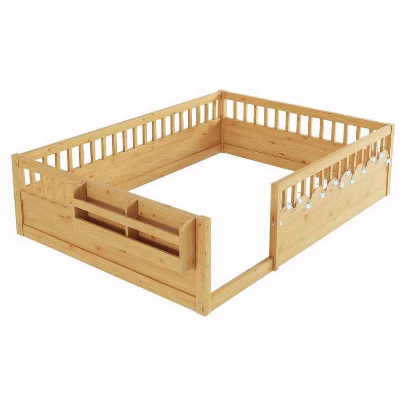 Floor Bed Frame with High Rails, Wooden Kids Floor Bed with Light and Storage Shelf