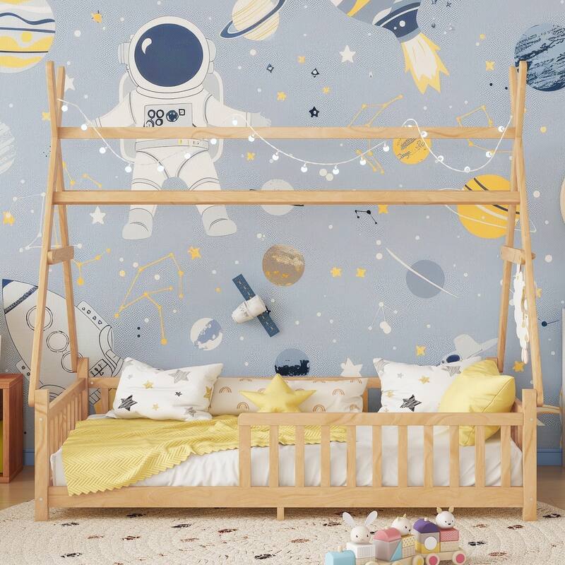 Twin House Bed with Light, Low Floor Design, Fence and Roof for Kids, Natural Finish