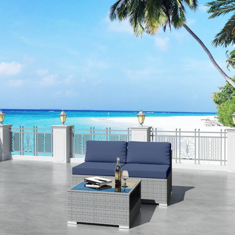 3-Piece Wicker Outdoor Patio Furniture Sectional Conversation Set with Cushion and Side Table - Blue