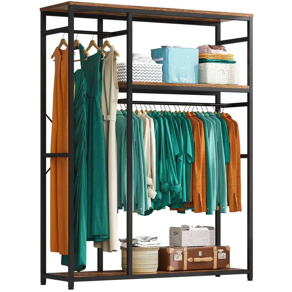 Free Standing Closet Organizer Clothes Rack with Shelves, Closet Wardrobe Clothing Racks Metal and Wooden Garment Rack