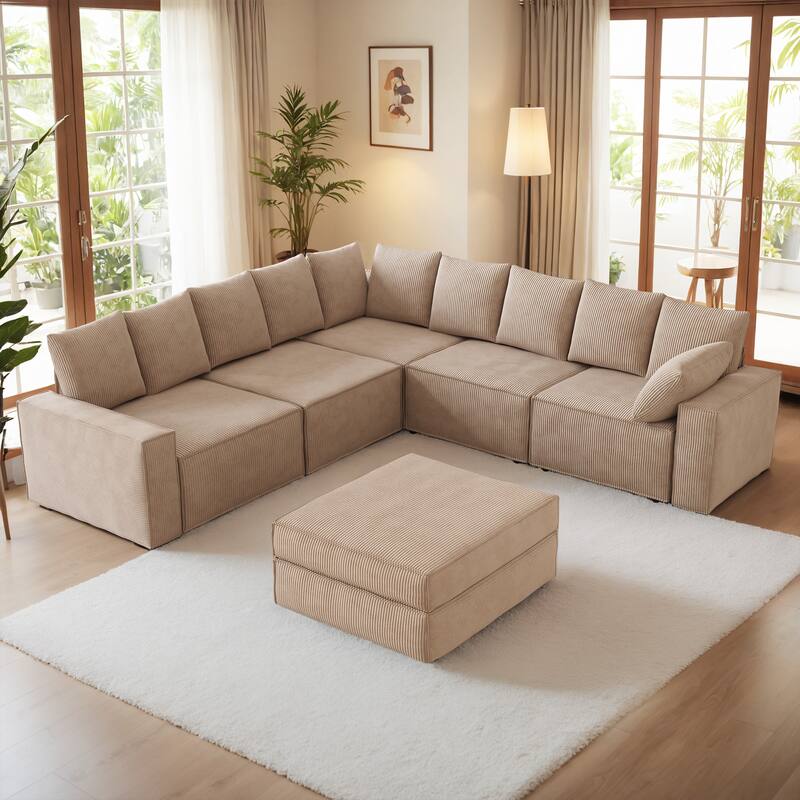 HOOOWOOO Modular Corduroy Upholstered Wide Armrest Couch with Ottoman - Camel