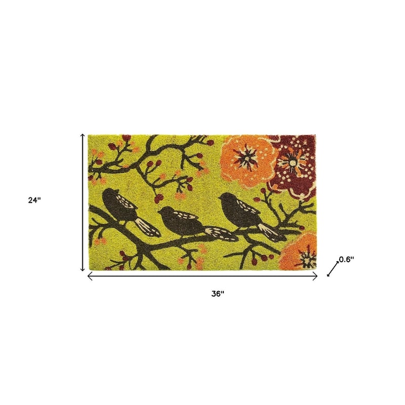 HomeRoots 24" X 36" Green Black And Orange Floral Birds Outdoor Coir Door Mat - 24.00' X '36.00