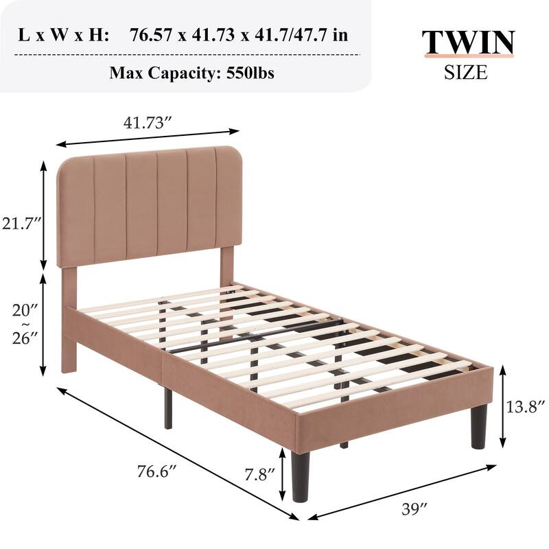Kids Bed Frame, Height Adjustable Upholstered Bed, Twin Size Bed Set of 2