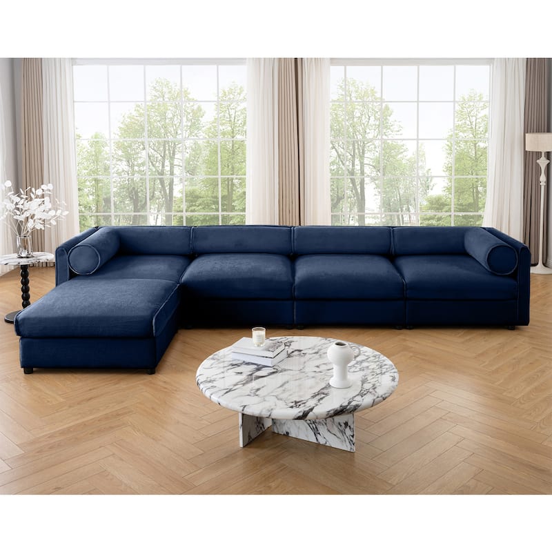 142.5" Chenille L-Shaped Sectional Sofa with Storage & Round Back