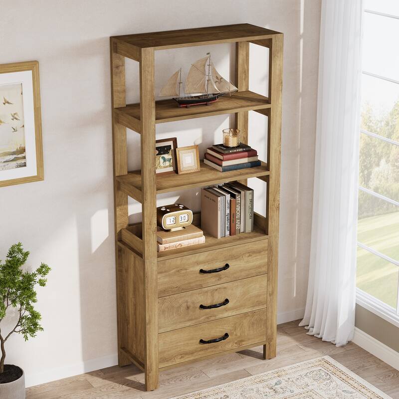 Modern 4-tier Tall Bookcase with Drawers and Open Display Shelf - 13.78" D x 31.5" W x 70.9" H