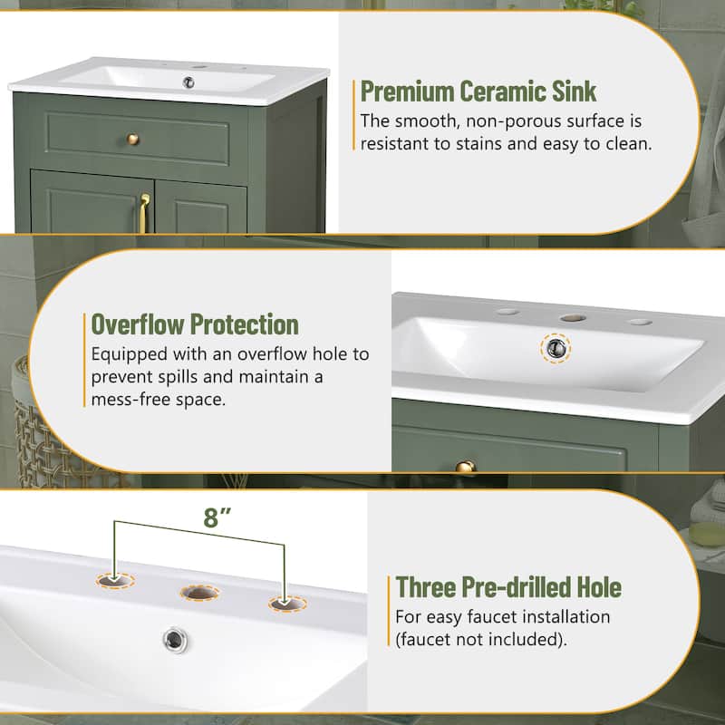 24" Bath Cabinet Including Ceramic Sink, 1 Soft Shut Door, 2 Soft Shut Drawers And Twin Door Storage Shelves