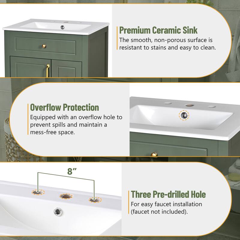 Bathroom Vanity with Ceramic Sink, Wooden Storage Cabinet with Soft Close Door, Bathroom Vanities with Storage Racks