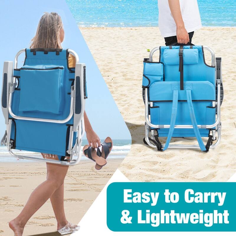 5-Position Classic Lay Flat Folding Backpack Beach Chair, Aluminum , Blue